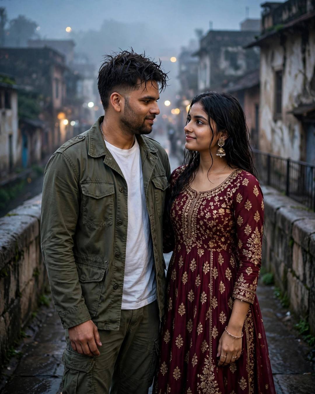Couple facing each other on an old-city bridge at night, man in olive field jacket, woman in maroon anarkali with jhumkas, blurred city lights
