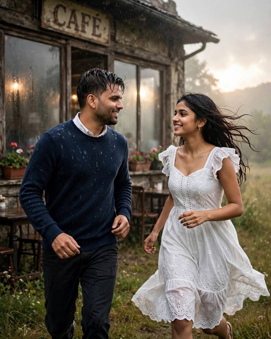 Couple running toward each other across a field in the rain beside an old cafe, man in navy sweater, woman in white dress