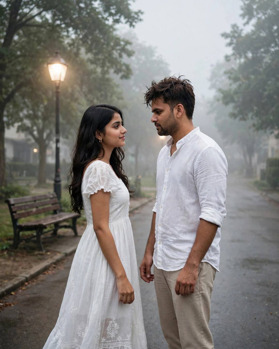 Couple standing face to face on a foggy park path at dawn, man in white linen shirt, woman in white dress, lone streetlamp glowing