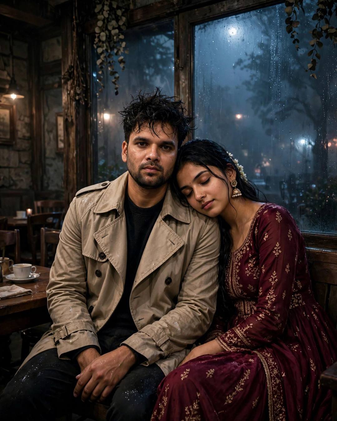 Couple sitting close in an old cafe at midnight, woman resting her head on the man's shoulder, rain-streaked window with moonlight