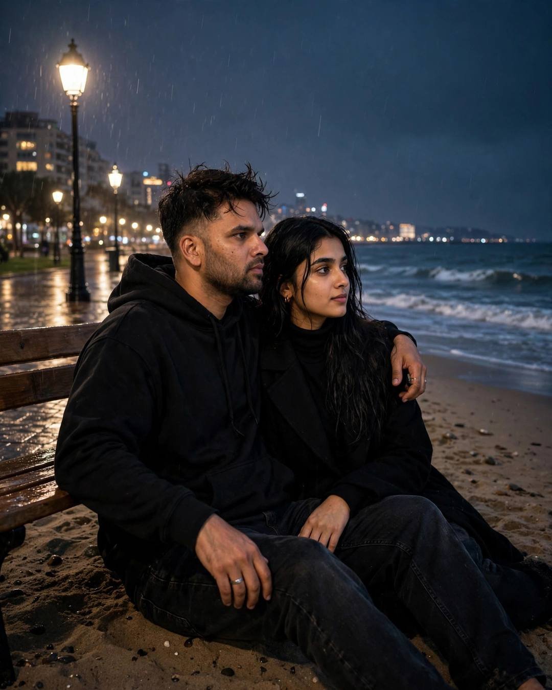 AI couple portrait: man in black hoodie and woman in black turtleneck sitting on sand by the midnight sea