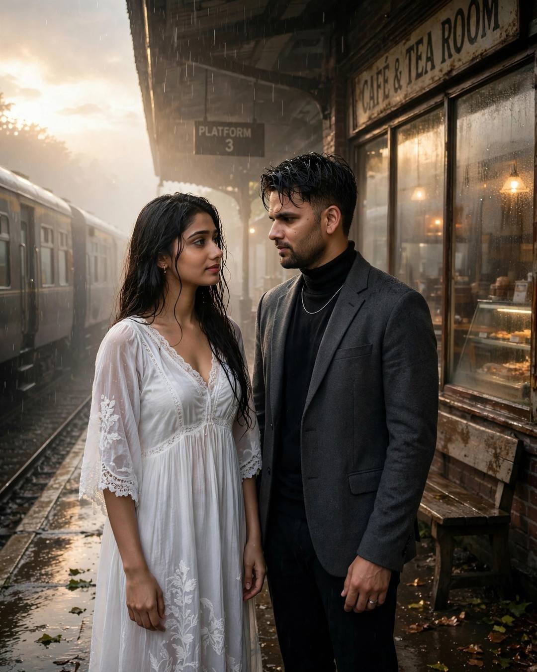 AI couple portrait: man in charcoal blazer embracing woman in white dress on a dawn railway platform in the rain