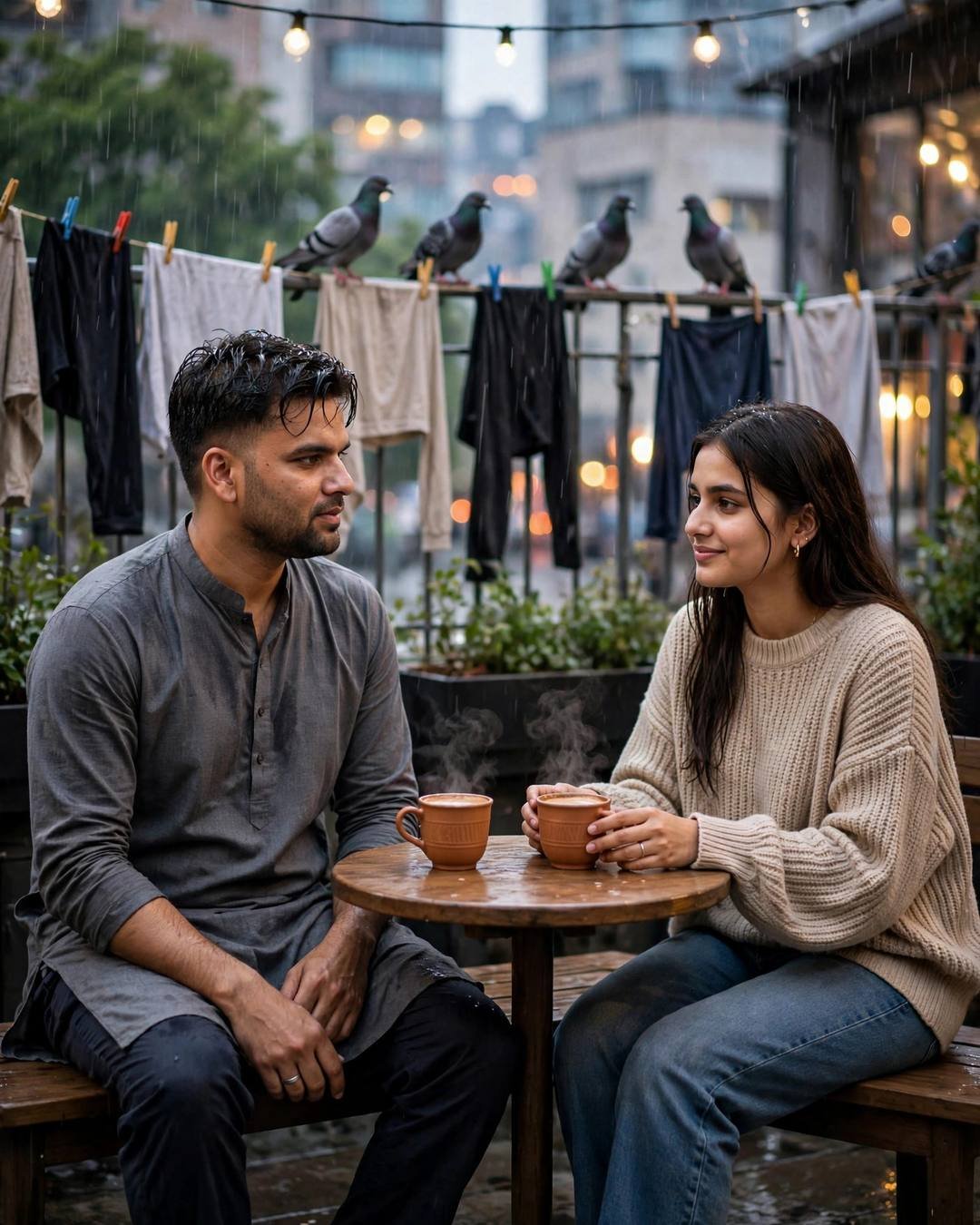 AI couple portrait: man in grey kurta and woman in beige sweater at a small cafe table on a drizzly rooftop terrace