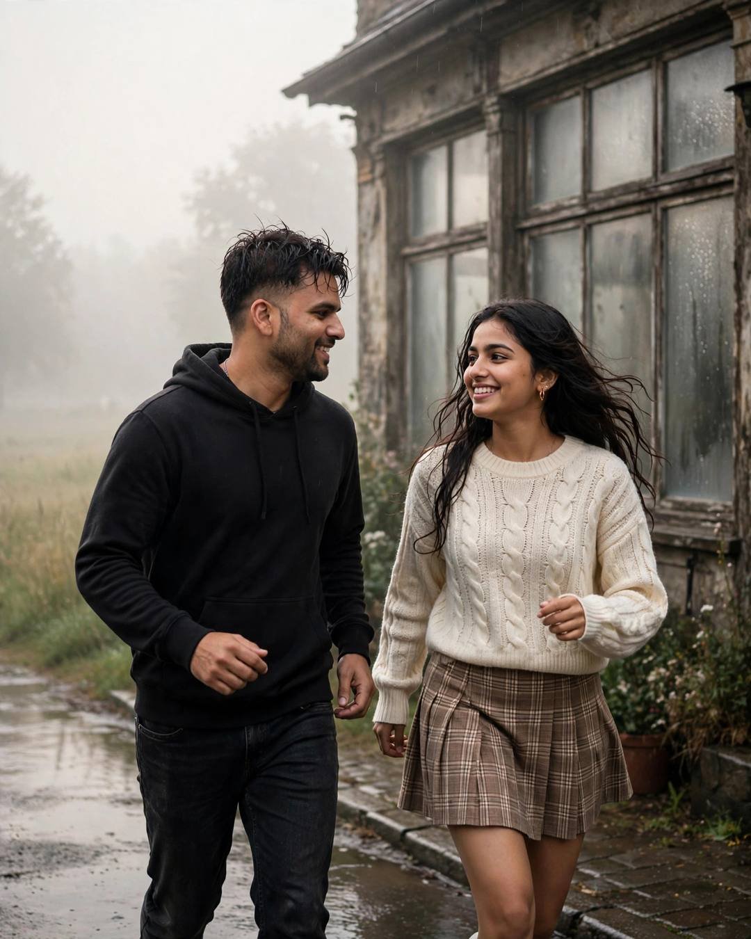 Indian couple laughing together on a misty path, black hoodie and cream sweater