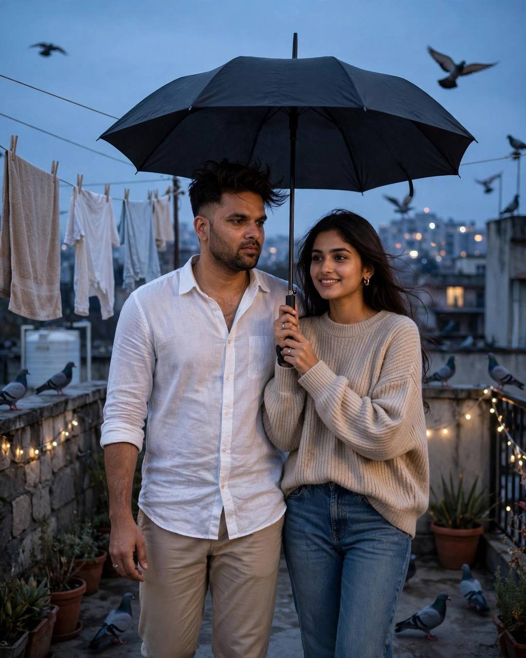 Indian couple under an umbrella on a fairy-lit terrace at dusk with pigeons