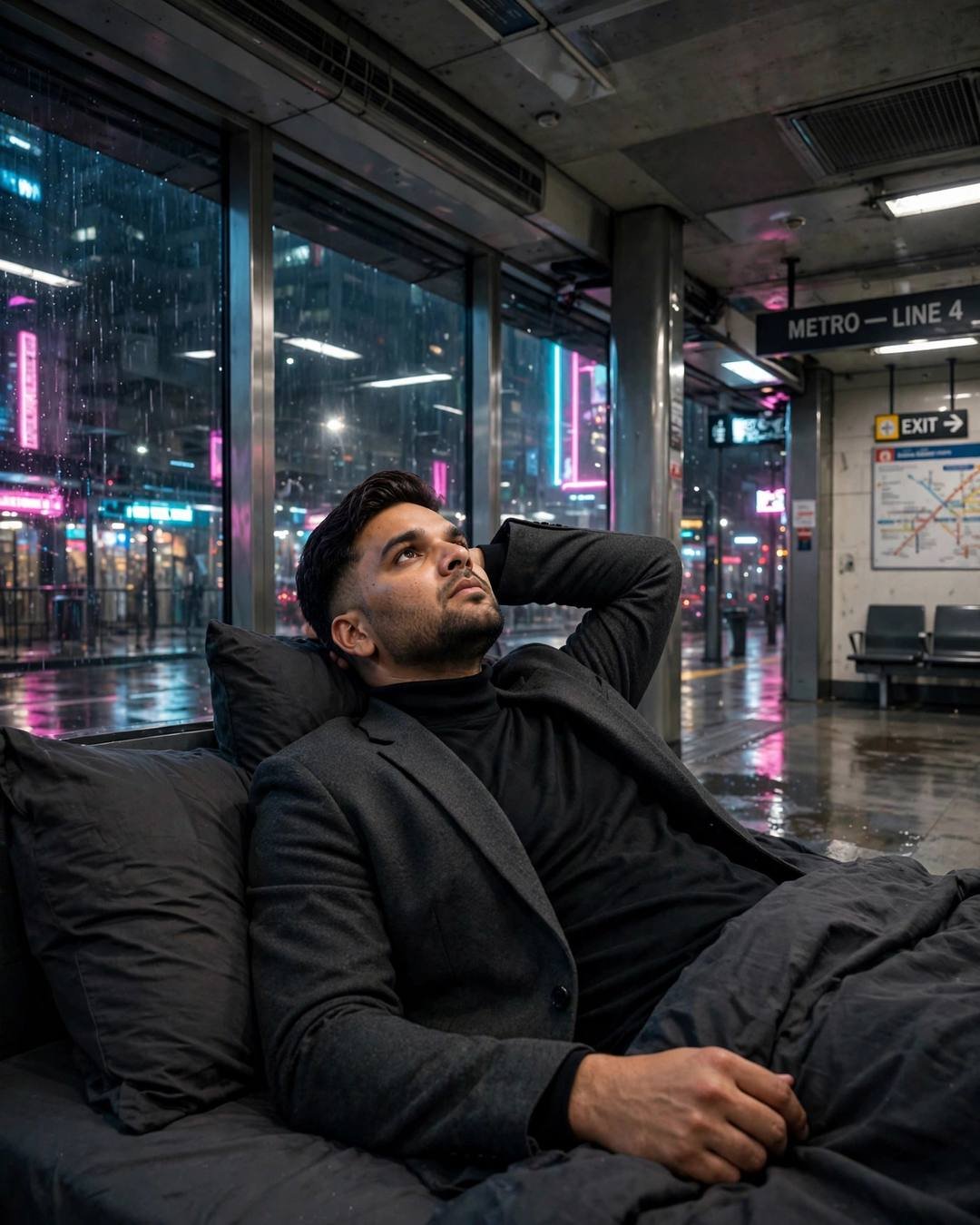 Young Indian man in a charcoal blazer and black turtleneck reclining on a bed at a rain-soaked midnight metro platform, neon pink and cyan light spilling through the glass