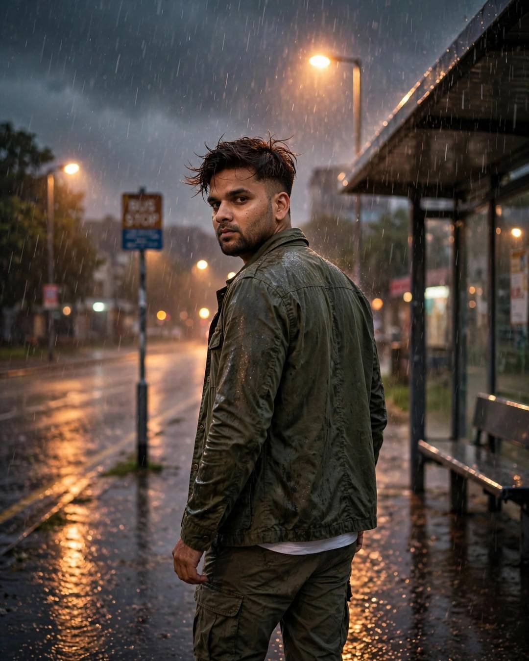 Young Indian man in an olive field jacket looking back over his shoulder at a monsoon-drenched bus stop, warm streetlamps reflecting on wet asphalt