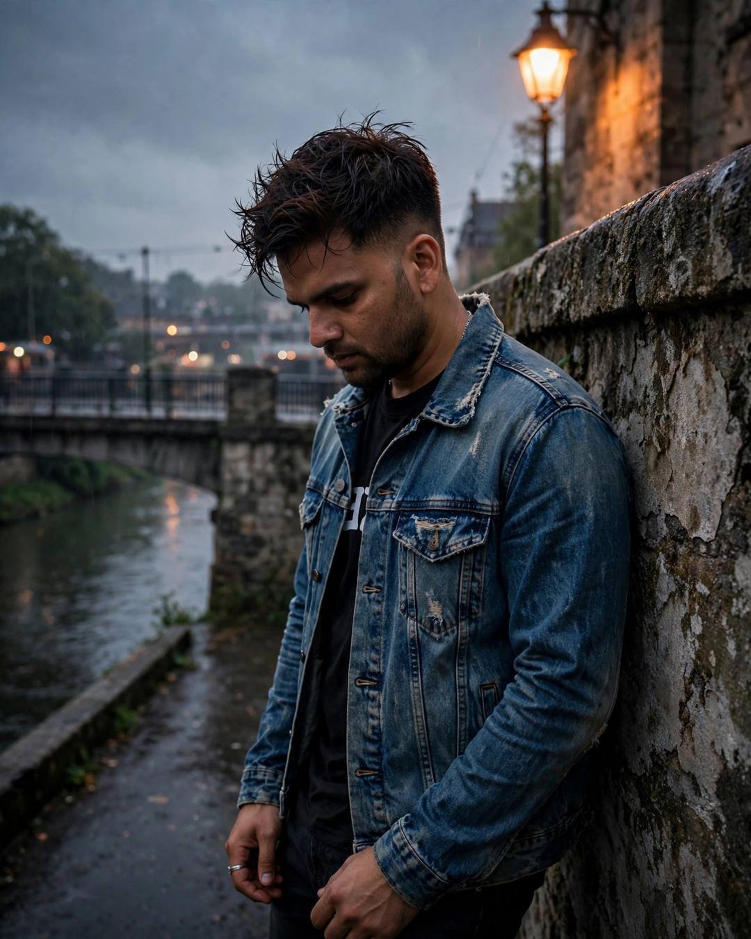 Young Indian man in a distressed denim jacket leaning against a weathered stone wall by a river bridge, head bowed under a warm sodium lamp