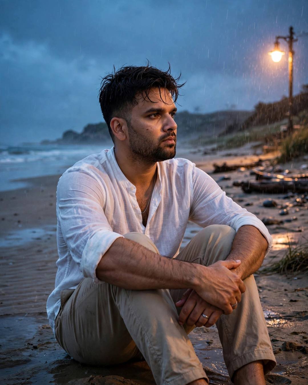 Young Indian man in a white linen shirt sitting on a deserted beach at dusk with knees drawn up, rain falling under a warm streetlamp