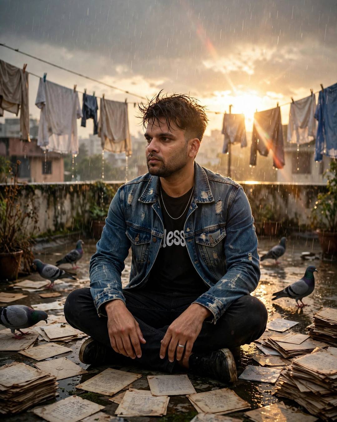 Young Indian man in denim jacket sitting among old letters on a rainy terrace at sunset