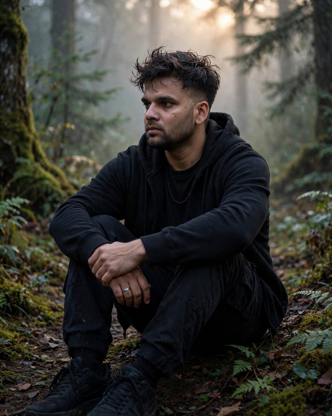 Young Indian man in black streetwear sitting on a misty forest path at dawn