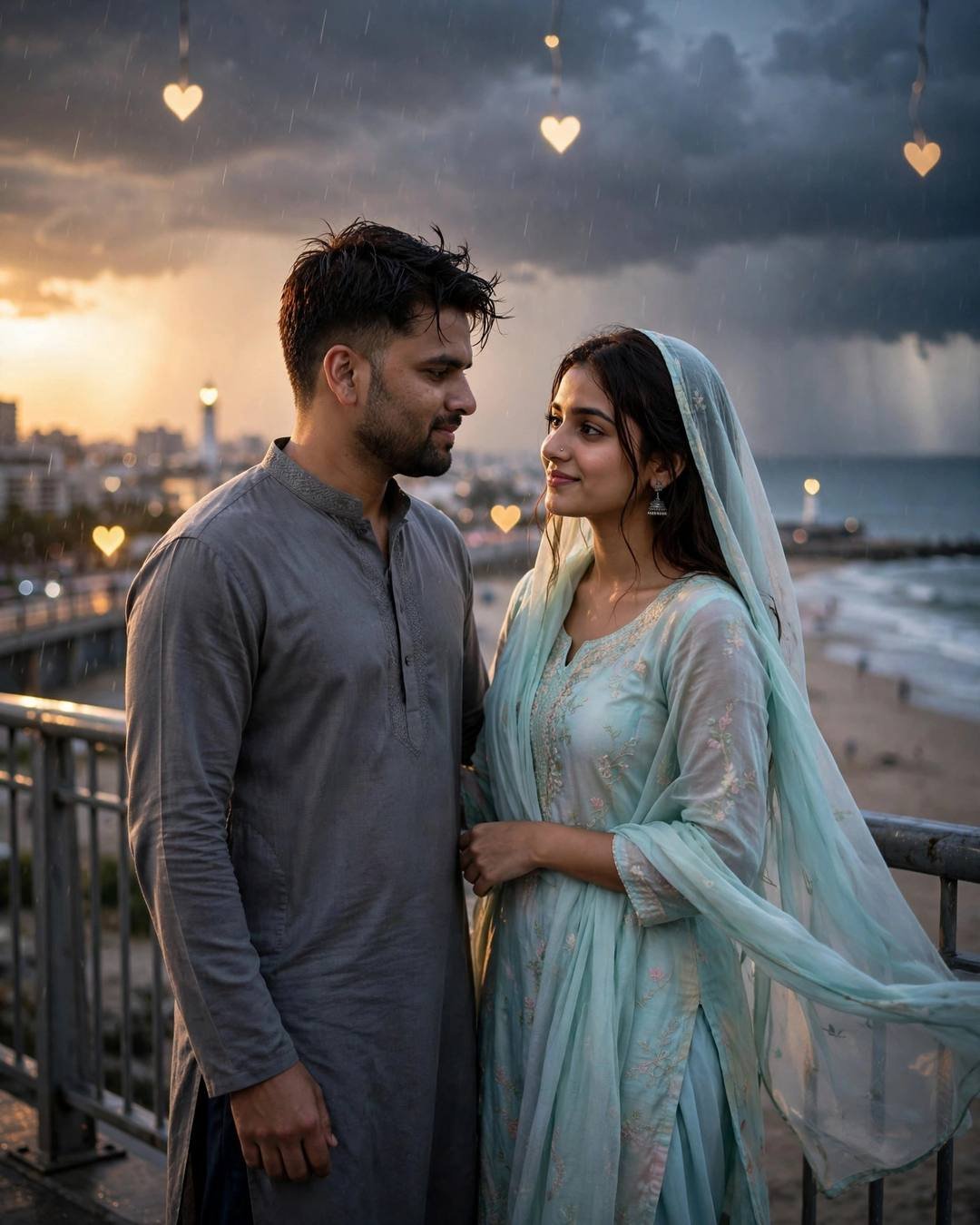 Indian couple gazing at each other on a beach promenade at sunset with heart lights