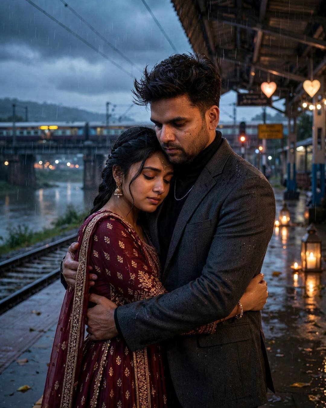 Indian couple embracing on a rainy railway platform at dusk, train behind