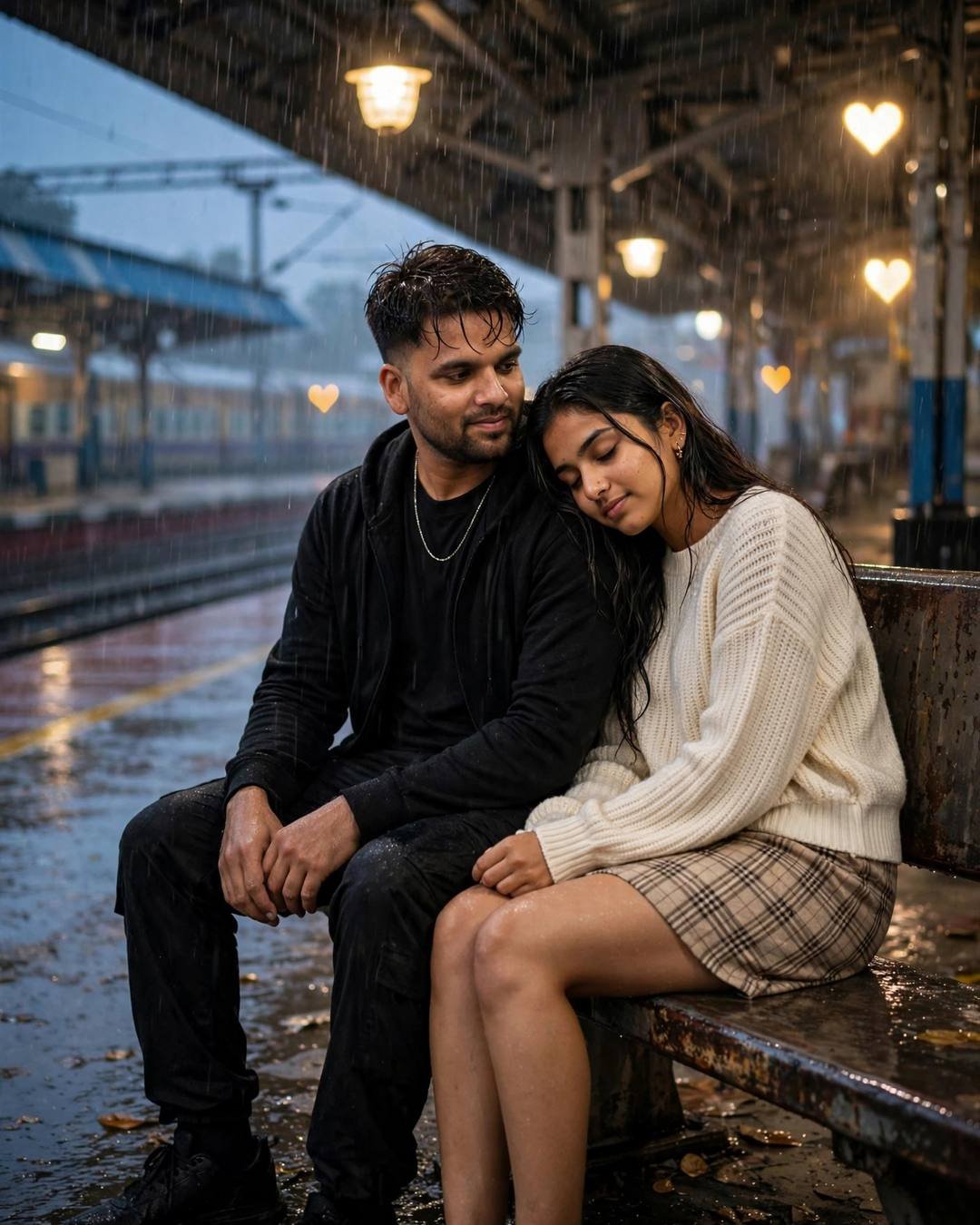 Indian couple sitting close on a bench at a rainy railway platform at night
