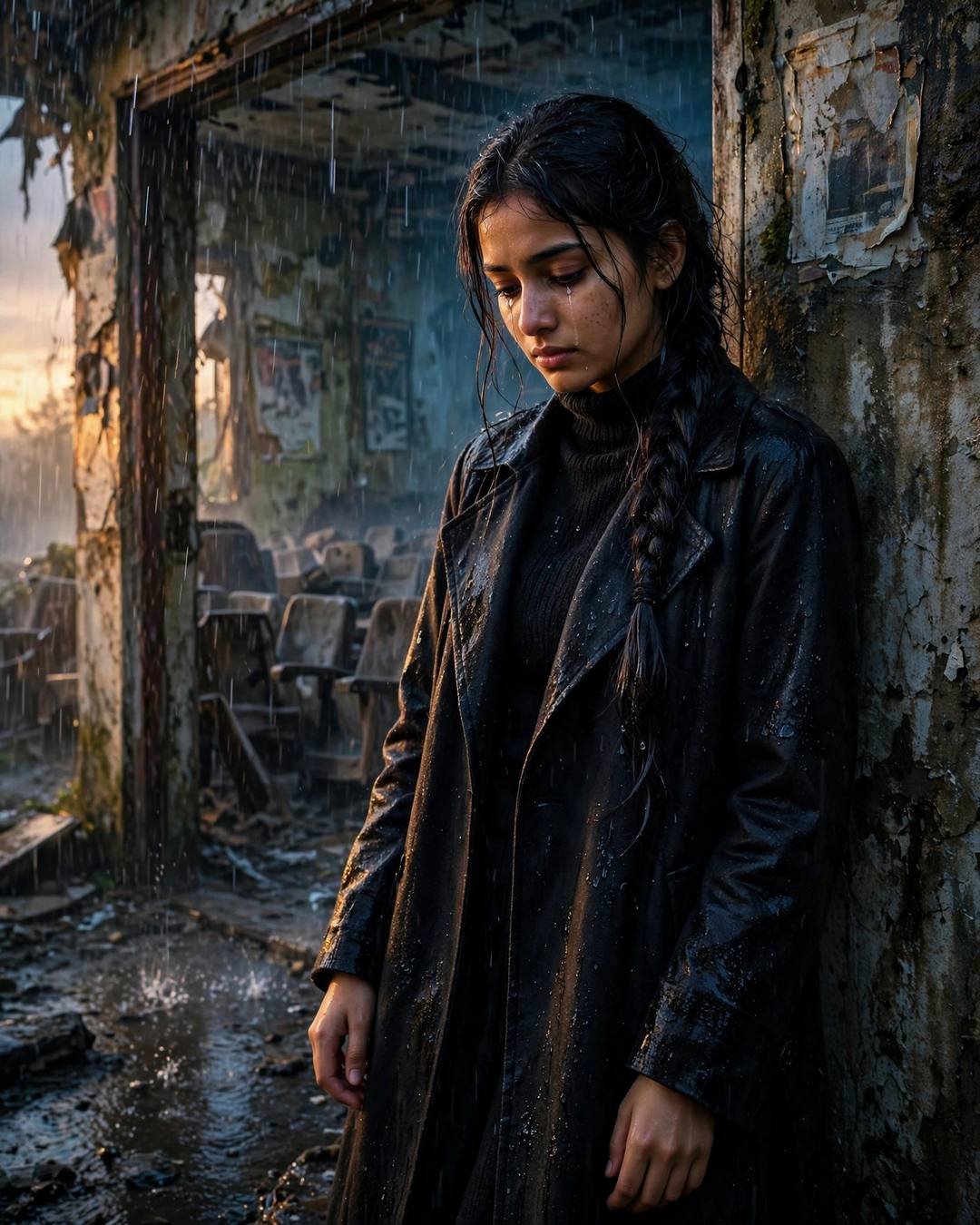 Young Indian woman in black coat leaning against a ruined wall in monsoon rain