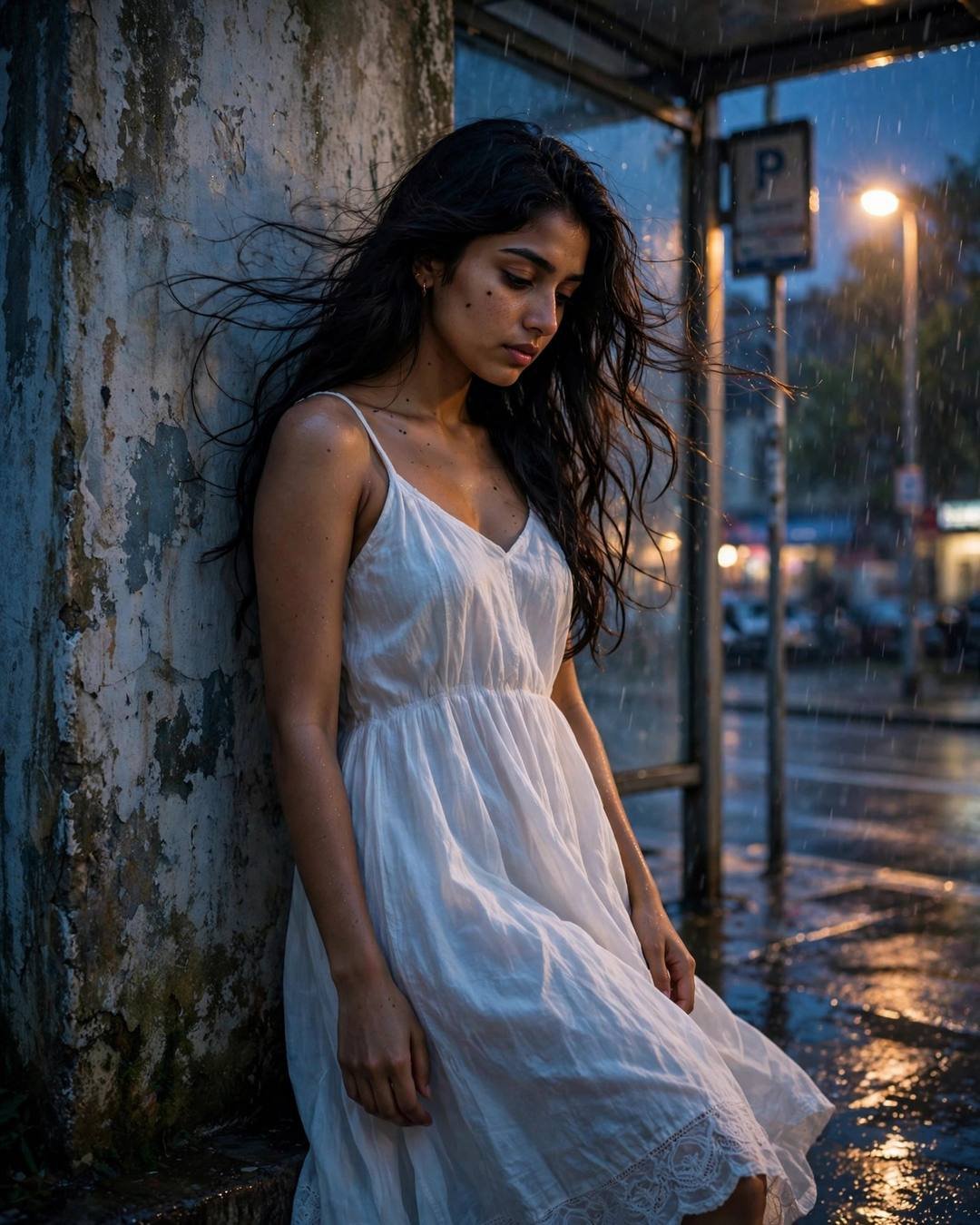 Young woman in white dress leaning against a weathered wall at a rainy bus stop
