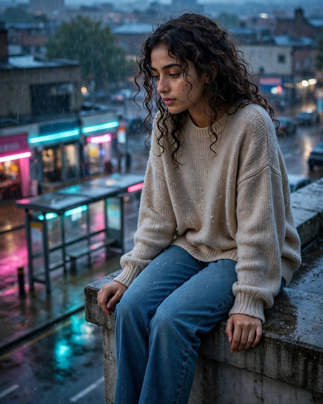 Young woman with curly hair sitting on a rainy rooftop ledge above neon city lights