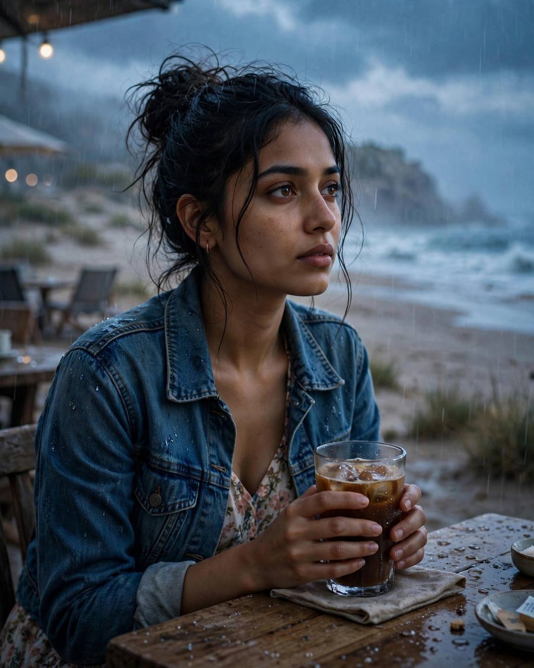 Young woman with messy bun holding iced coffee at a rainy beach cafe, lost in thought