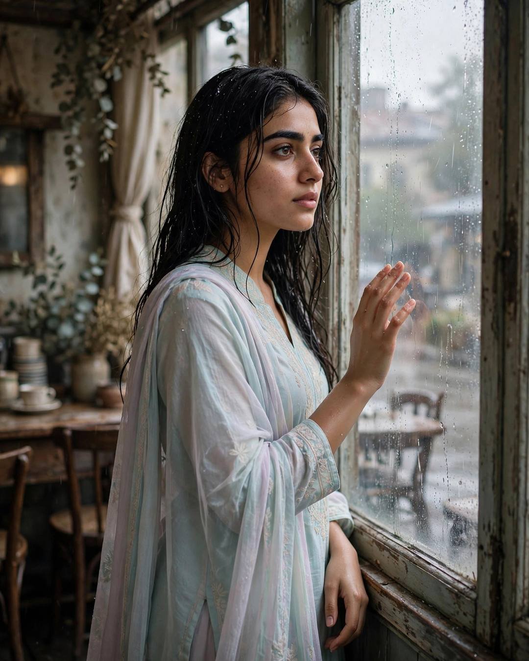Young woman in pastel salwar with hand on a rain-streaked cafe window