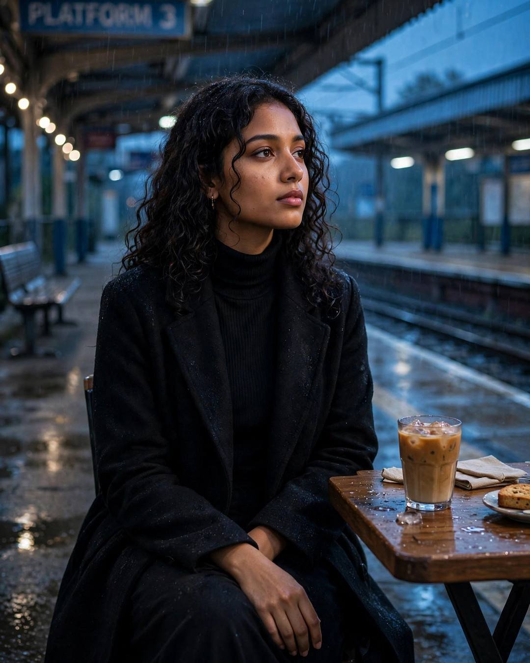 Young woman in black coat with cold coffee on a rainy railway platform at night