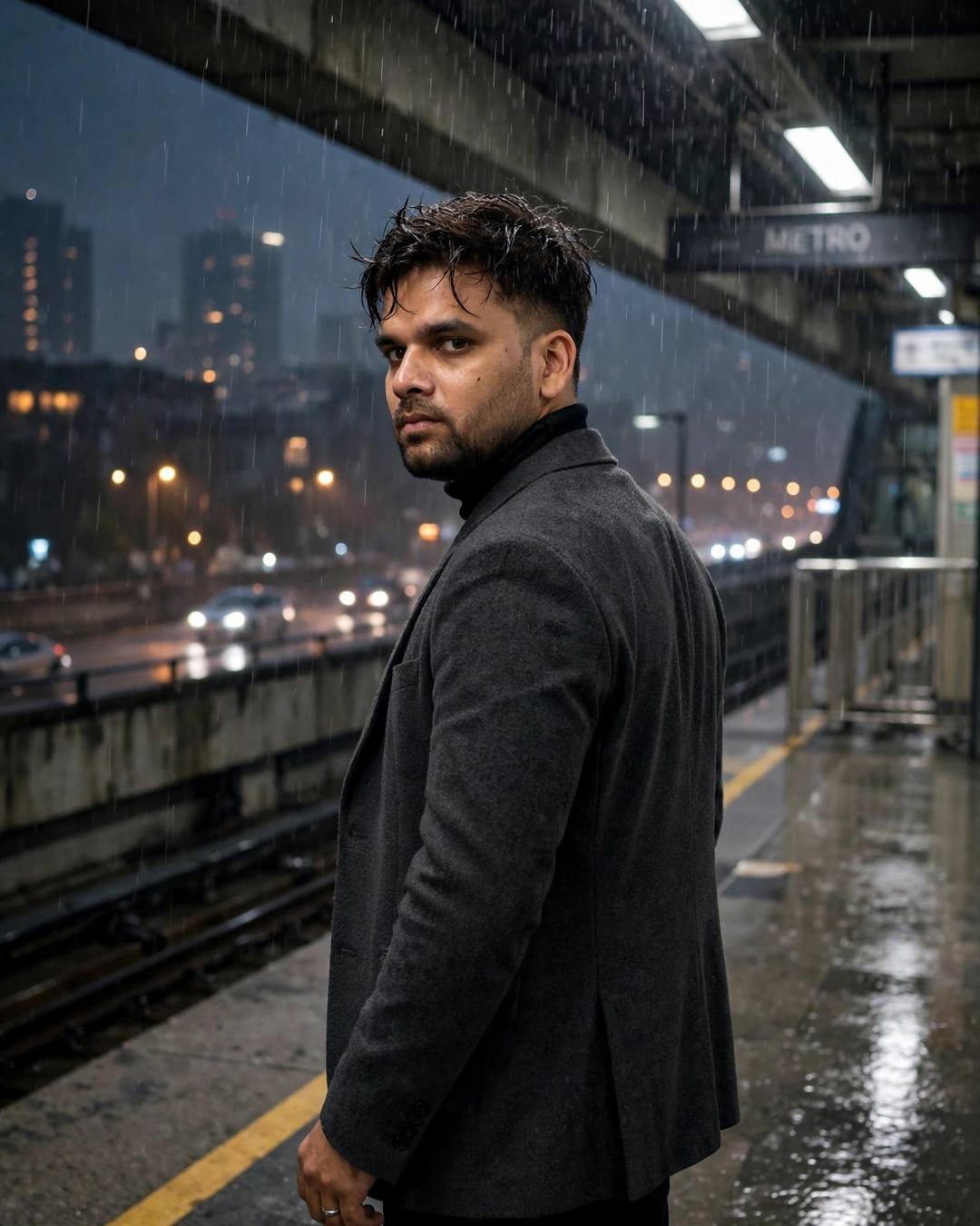 Young Indian man in a charcoal blazer and black turtleneck looking back over his shoulder on a rainy midnight metro platform