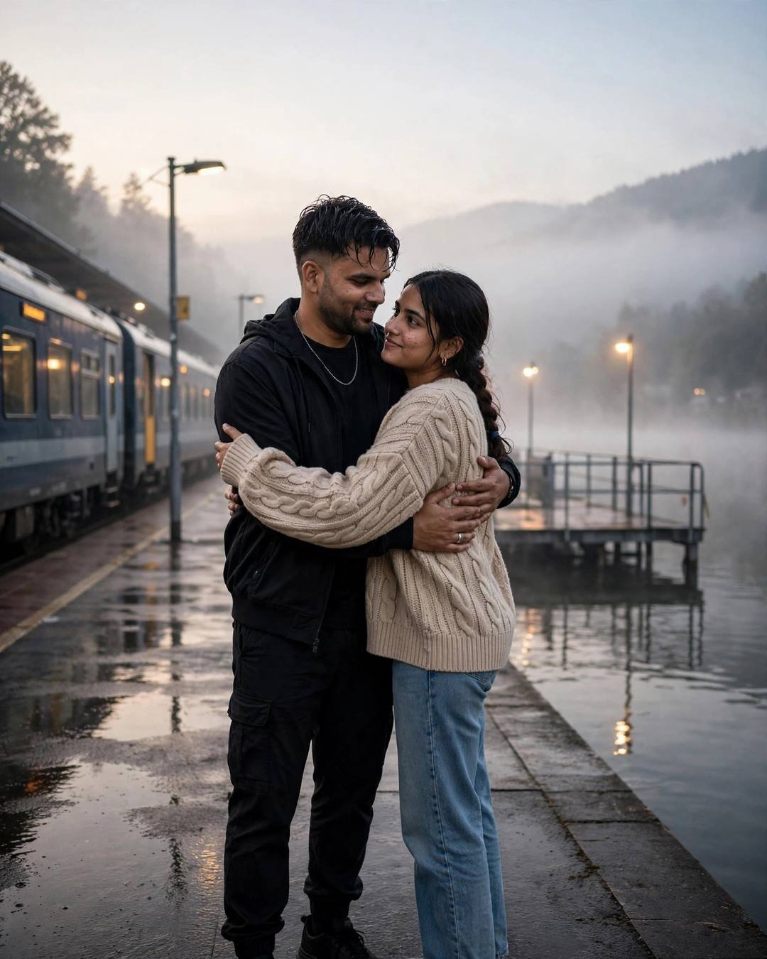 Couple embracing on a foggy railway platform beside a lake at dawn