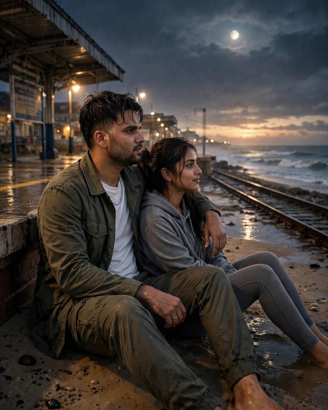 Couple sitting on sand beside moonlit seaside railway tracks at night