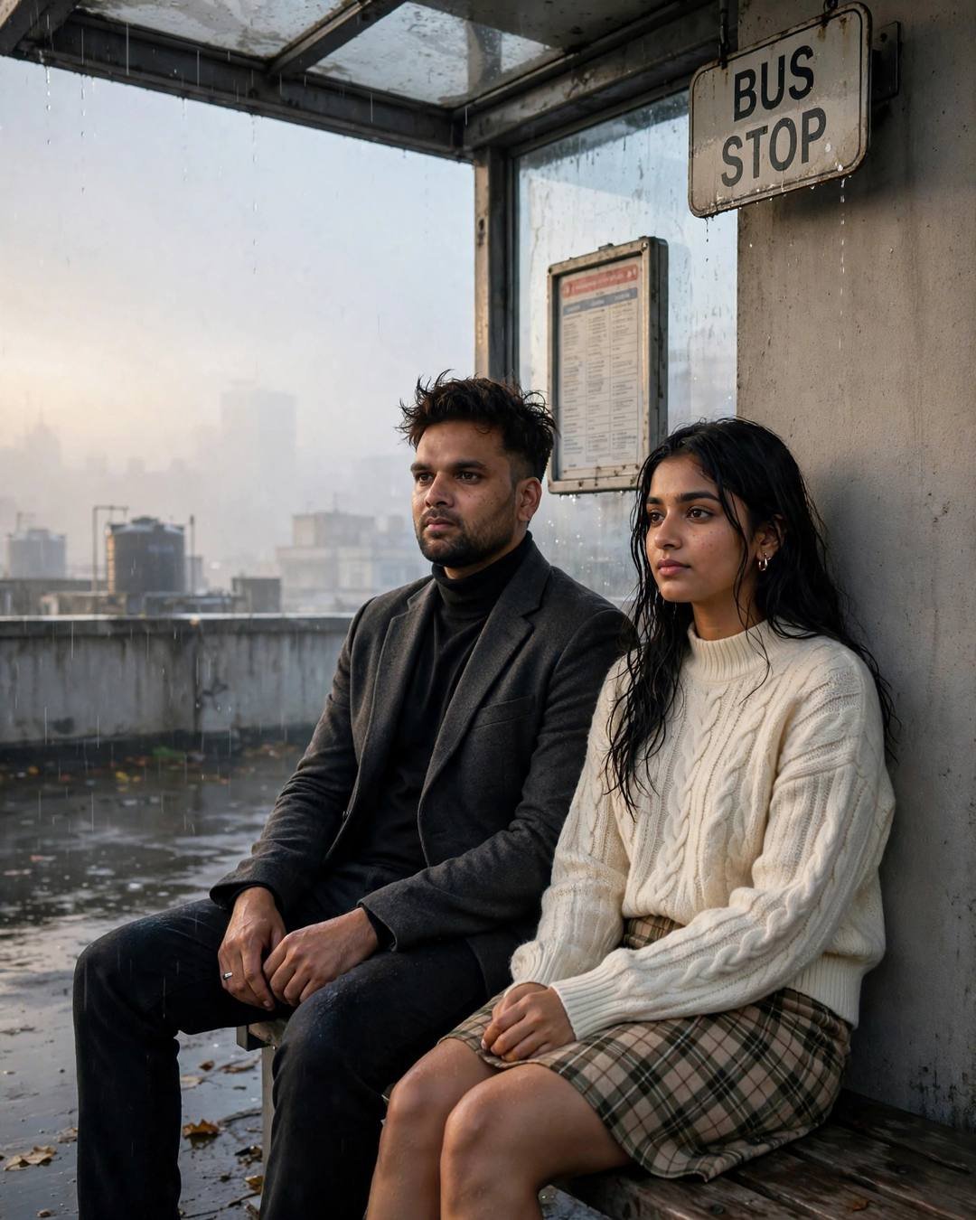 Couple sitting side by side in comfortable silence at a rainy bus stop at dawn
