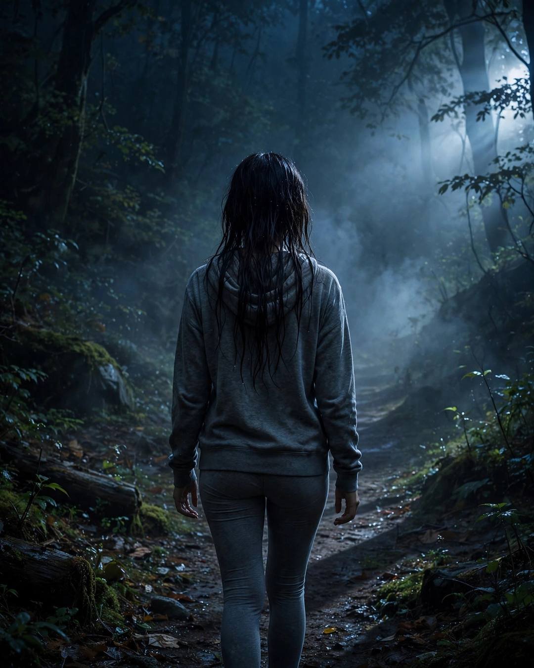 Young woman in grey hoodie walking away on a misty midnight forest path