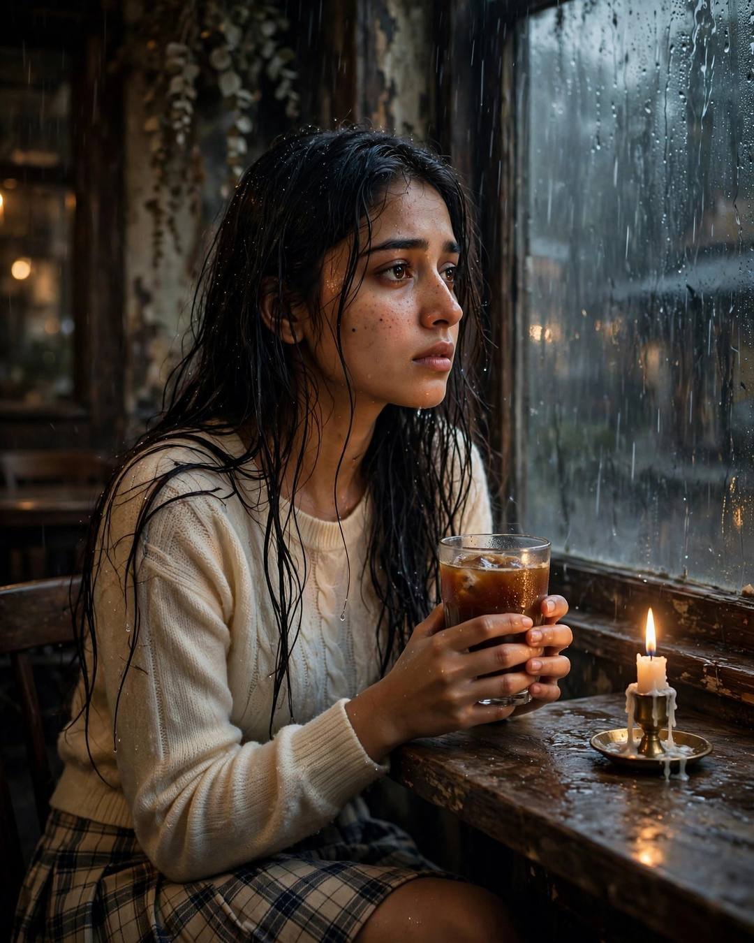Rain-soaked young woman holding cold coffee at a fogged cafe window with a candle
