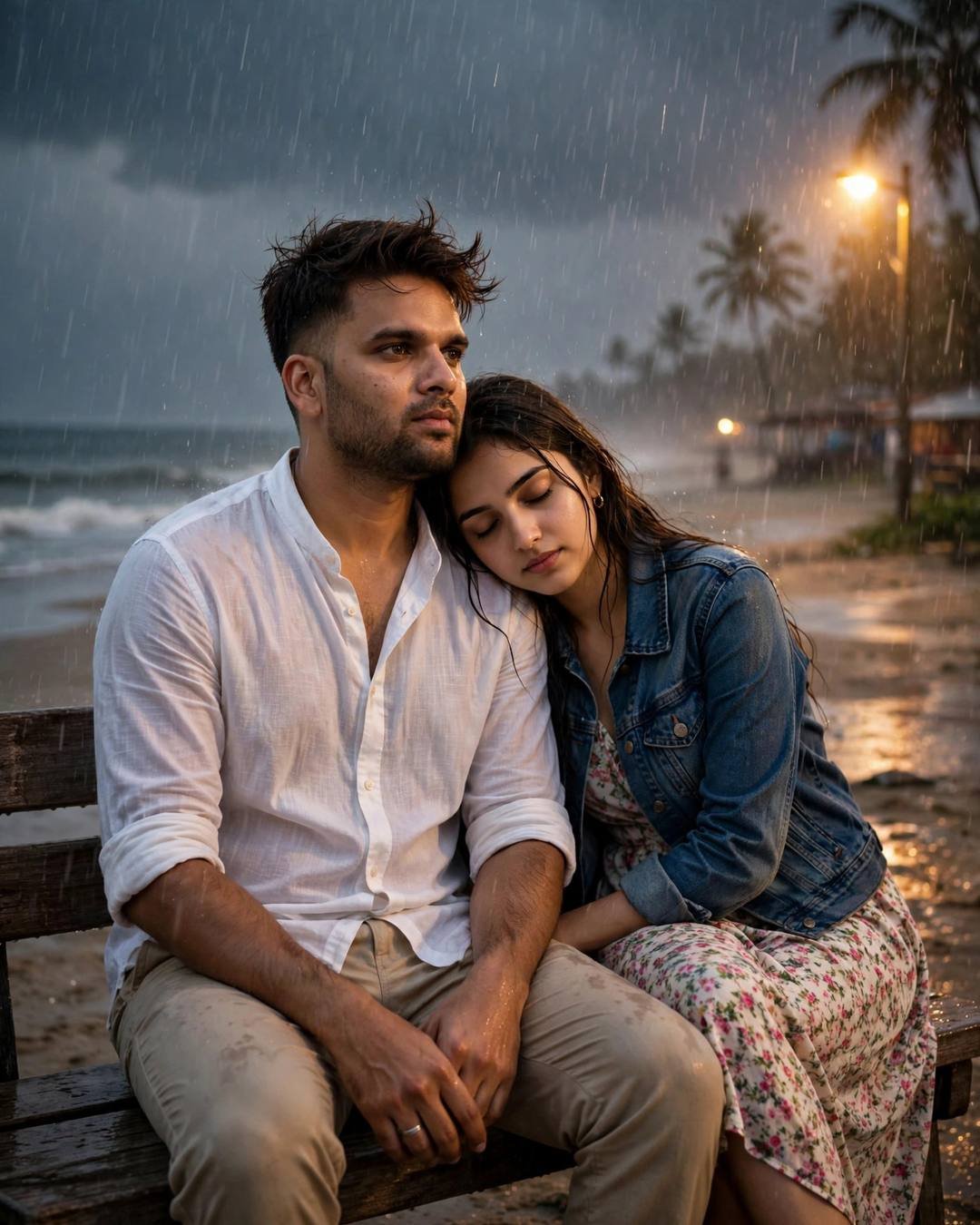 Couple sitting close on a beach bench in heavy monsoon rain at dusk, her head resting on his shoulder
