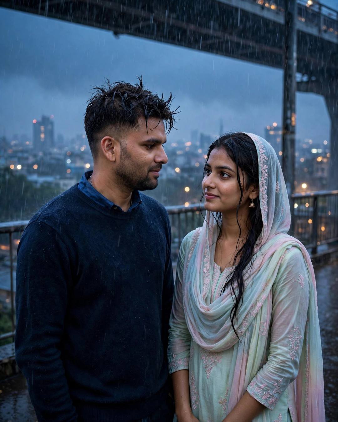 Couple standing face to face on a bridge in the rain at blue hour, exchanging a pressed flower, city lights behind