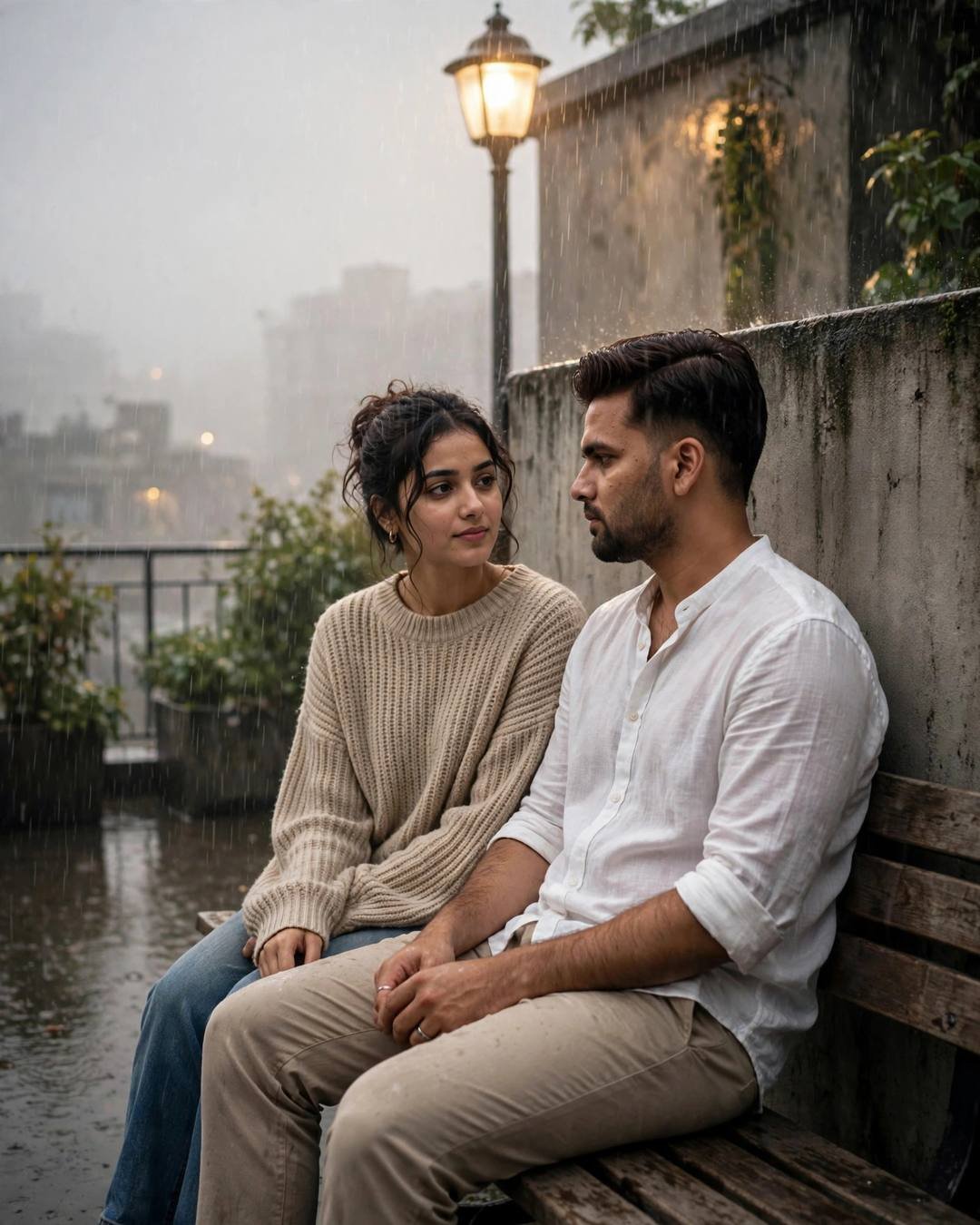Couple sitting close on a rainy bench under a lone streetlamp