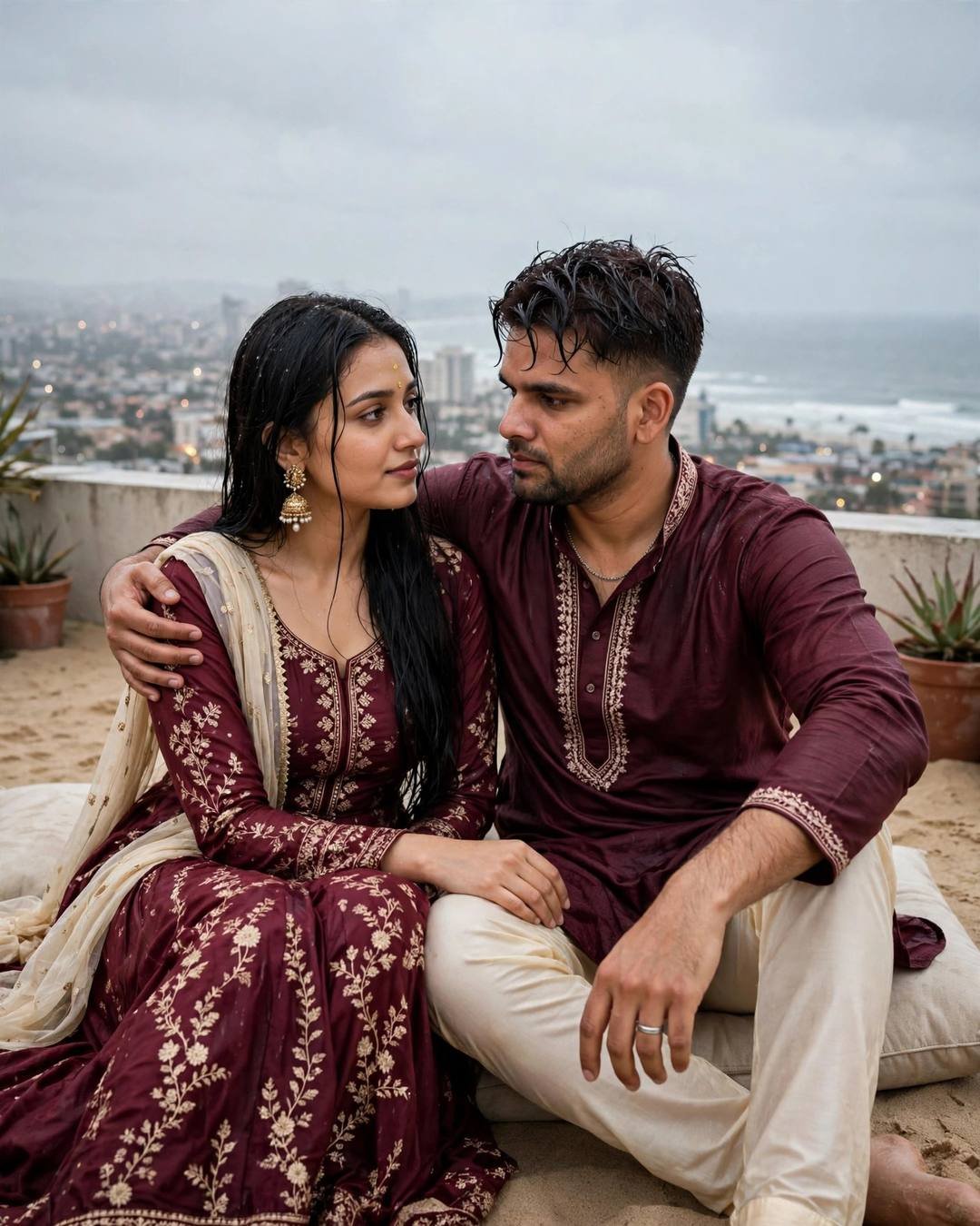 Couple in maroon traditional wear on a rooftop, his arm around her, city below