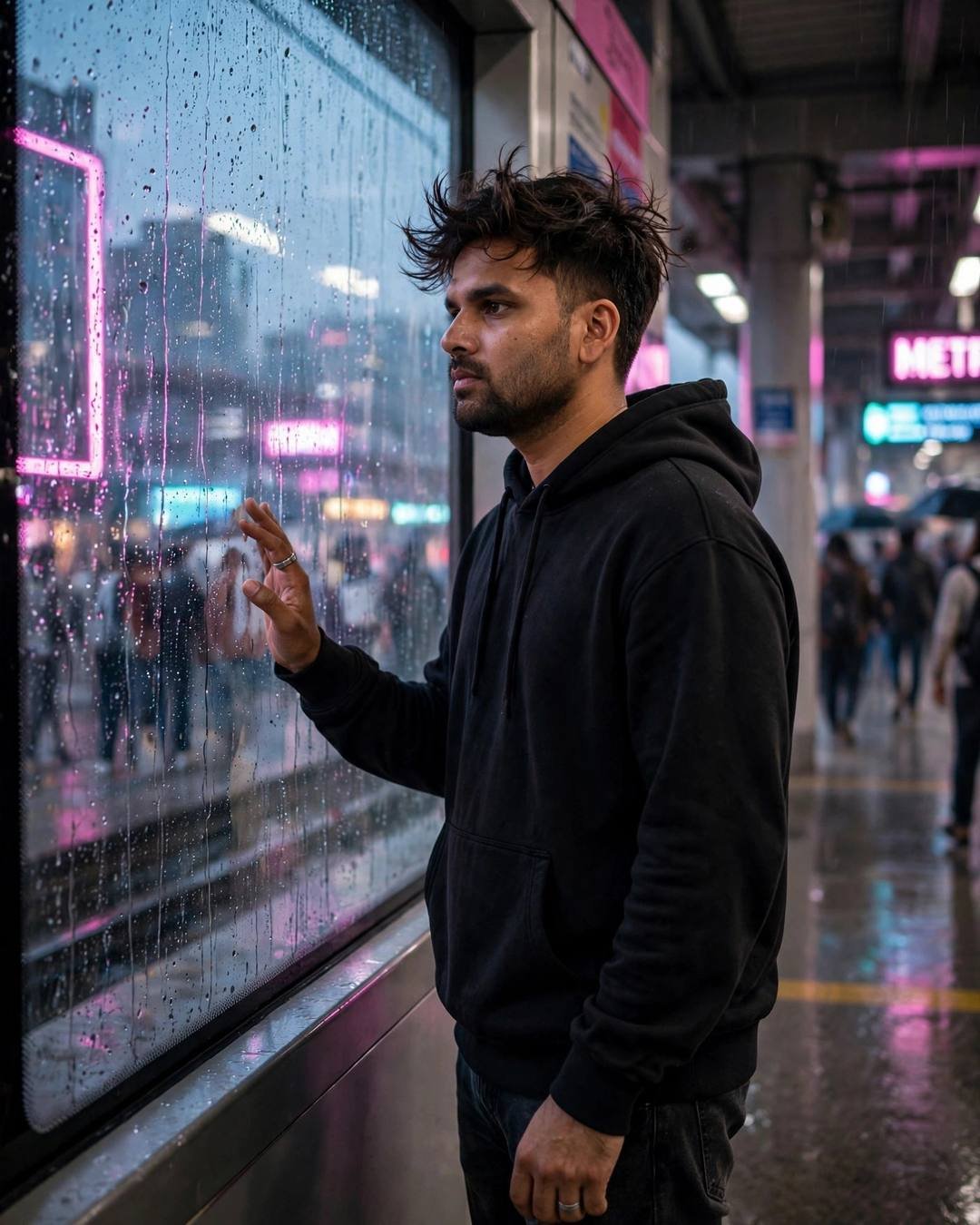 Young man in black hoodie with hand on a rainy metro window at night