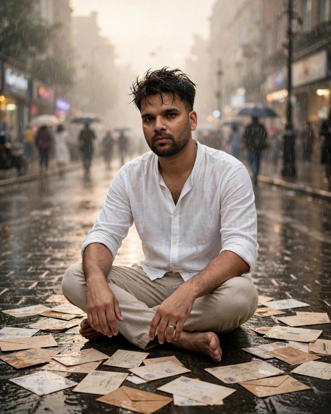 Young man in white shirt sitting among old letters on a rainy street