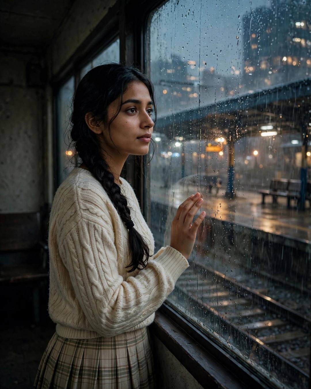Young woman with braid at a rainy railway platform window at night