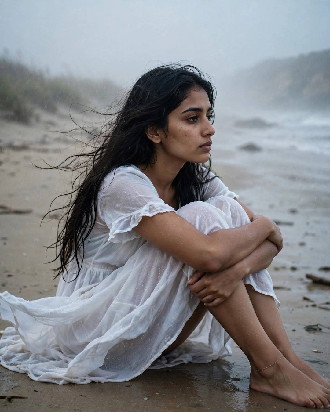 Young woman in white dress sitting alone on a foggy beach at dusk