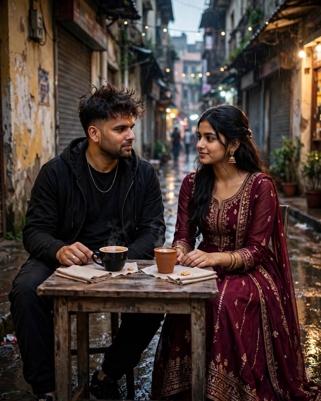 Couple sitting across a small cafe table in a narrow old-city lane after rain, chai cups between them, warm lamplight