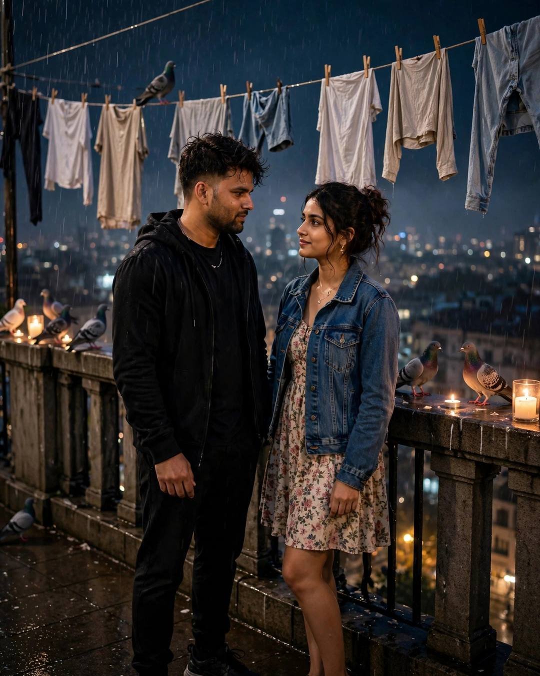 Couple on a candlelit terrace at midnight among pigeons and clothes lines