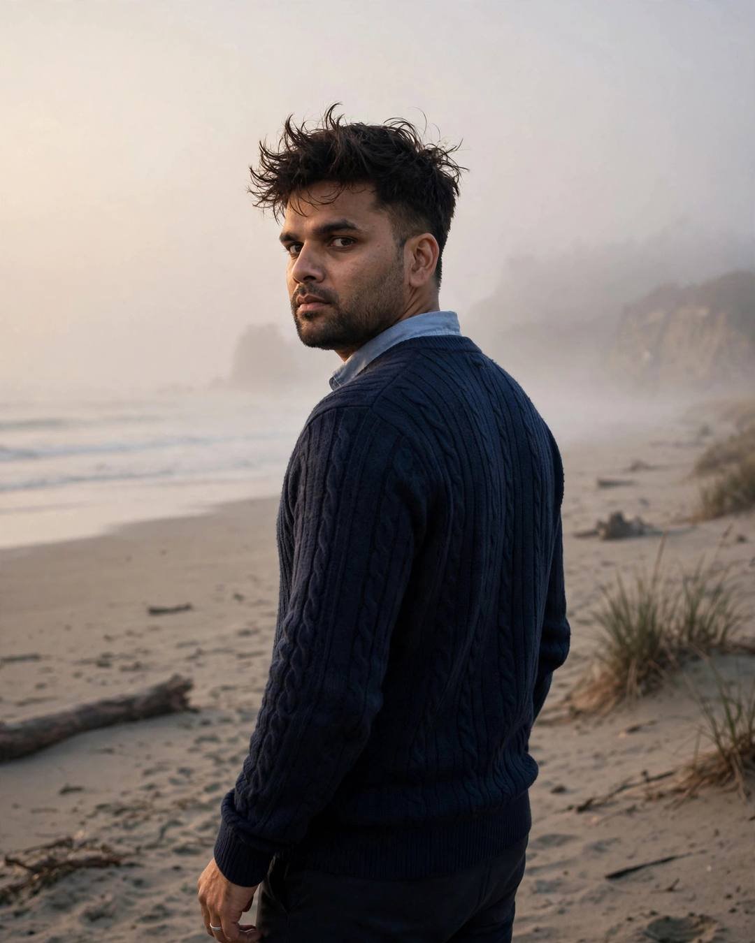 Young man in navy sweater on a foggy beach looking back over his shoulder