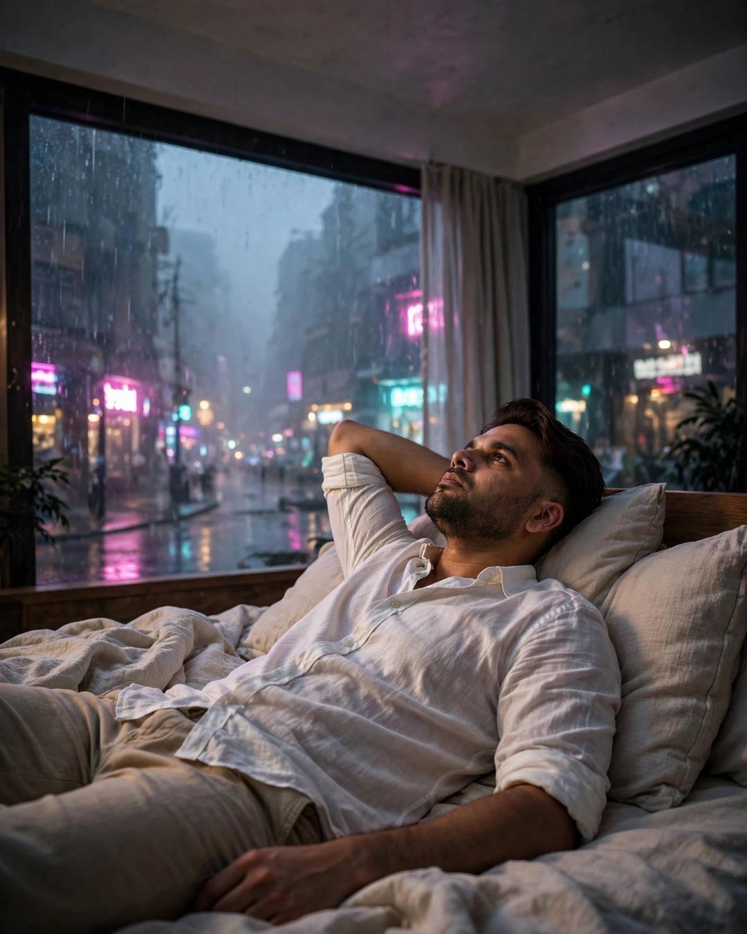 Young man in white shirt reclining by rainy windows above a neon street