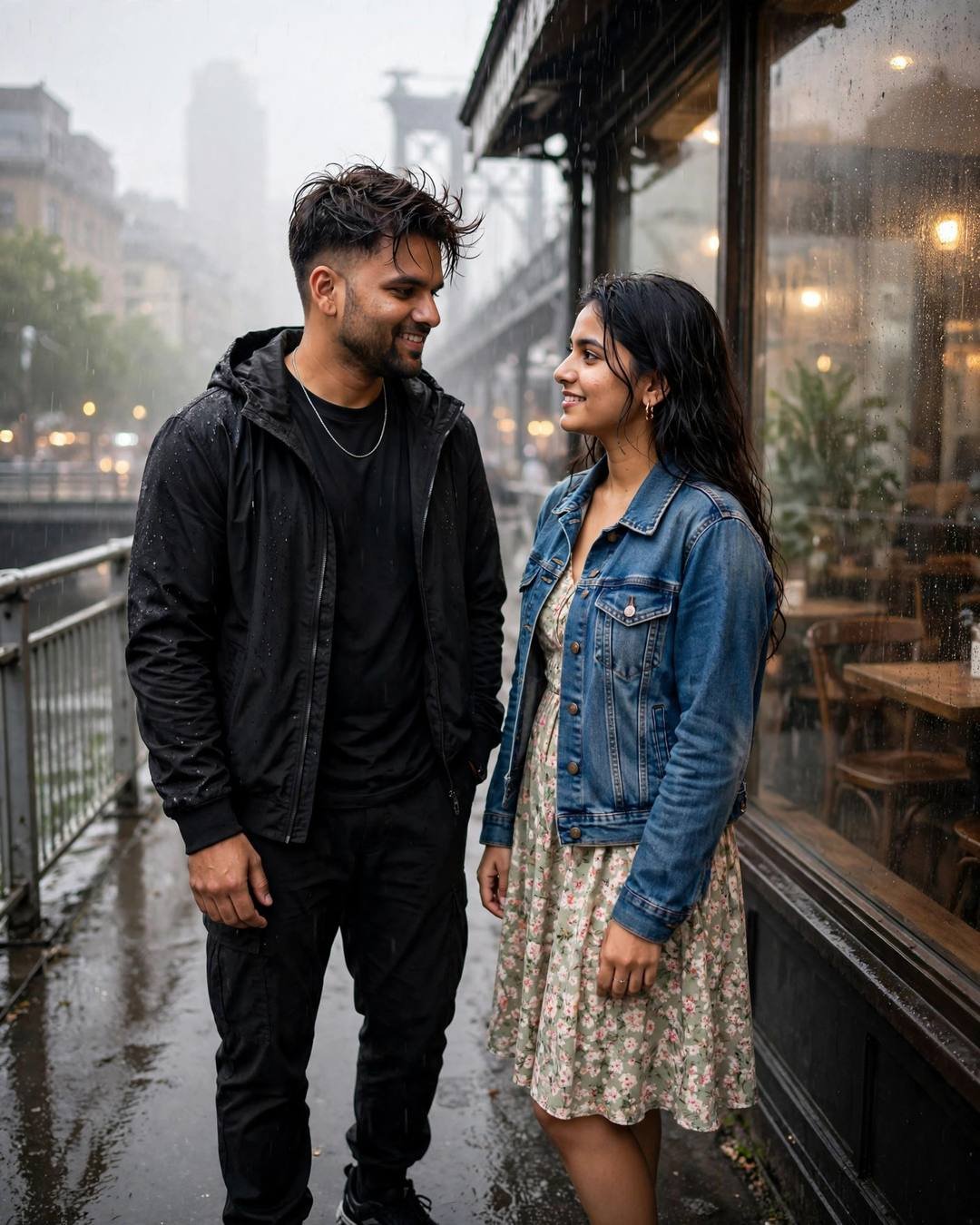 Couple smiling at each other outside a rain-streaked cafe window with a blurred bridge behind them