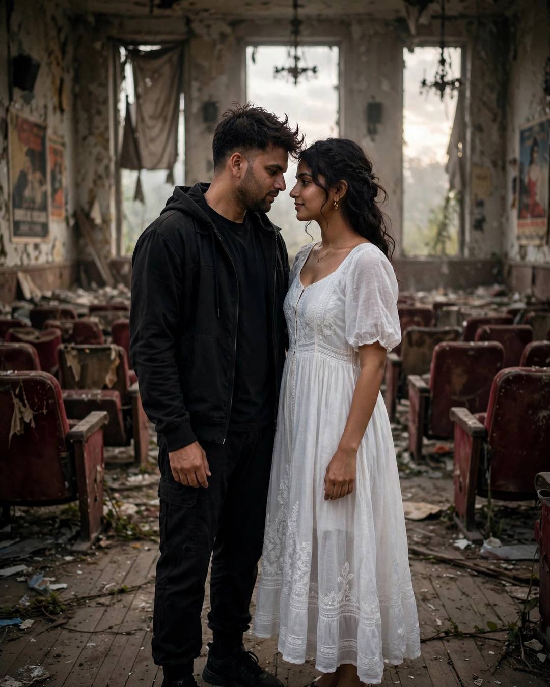 Couple with foreheads almost touching inside a decaying abandoned cinema hall