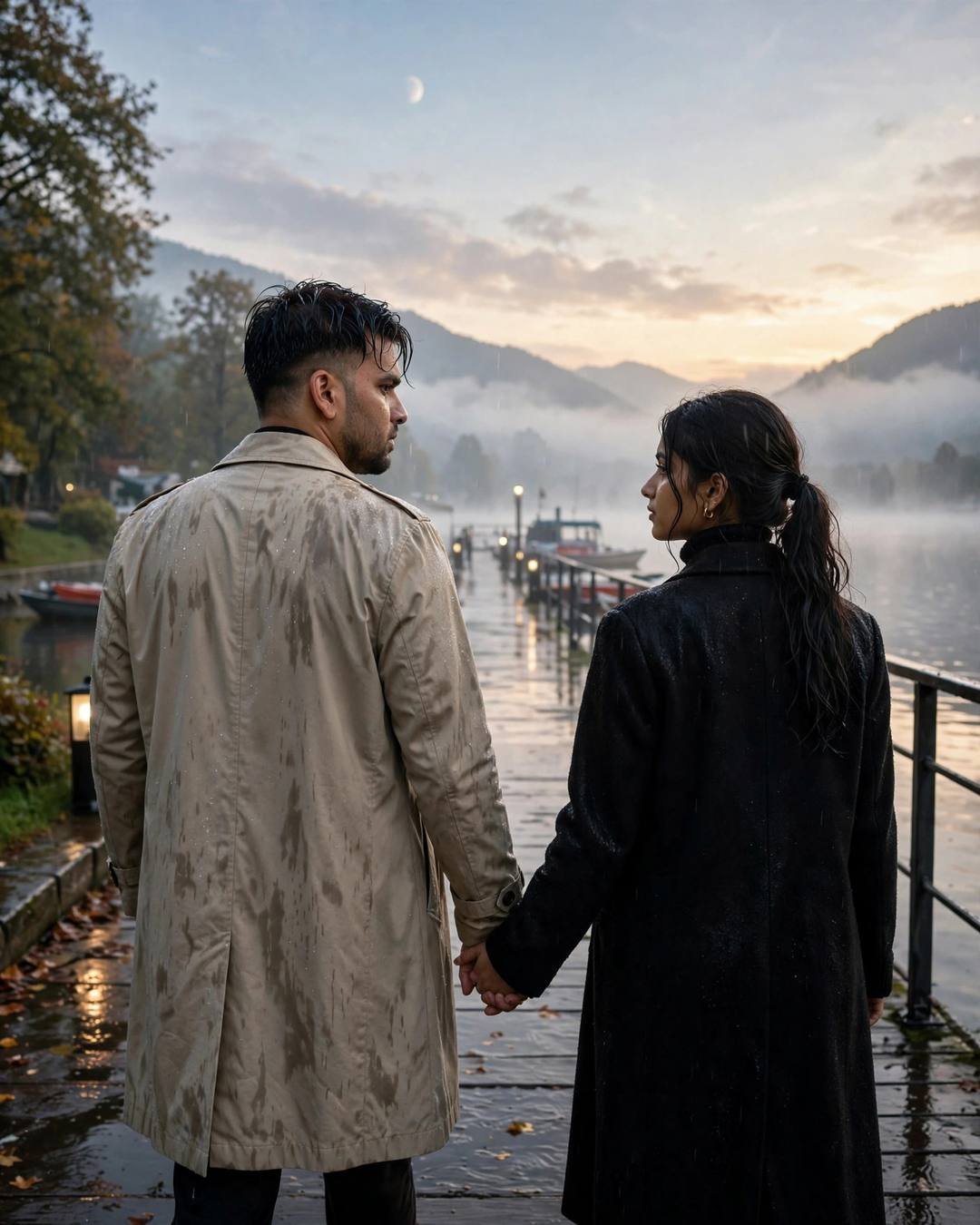 Couple holding hands walking away down a misty lake pier at dawn