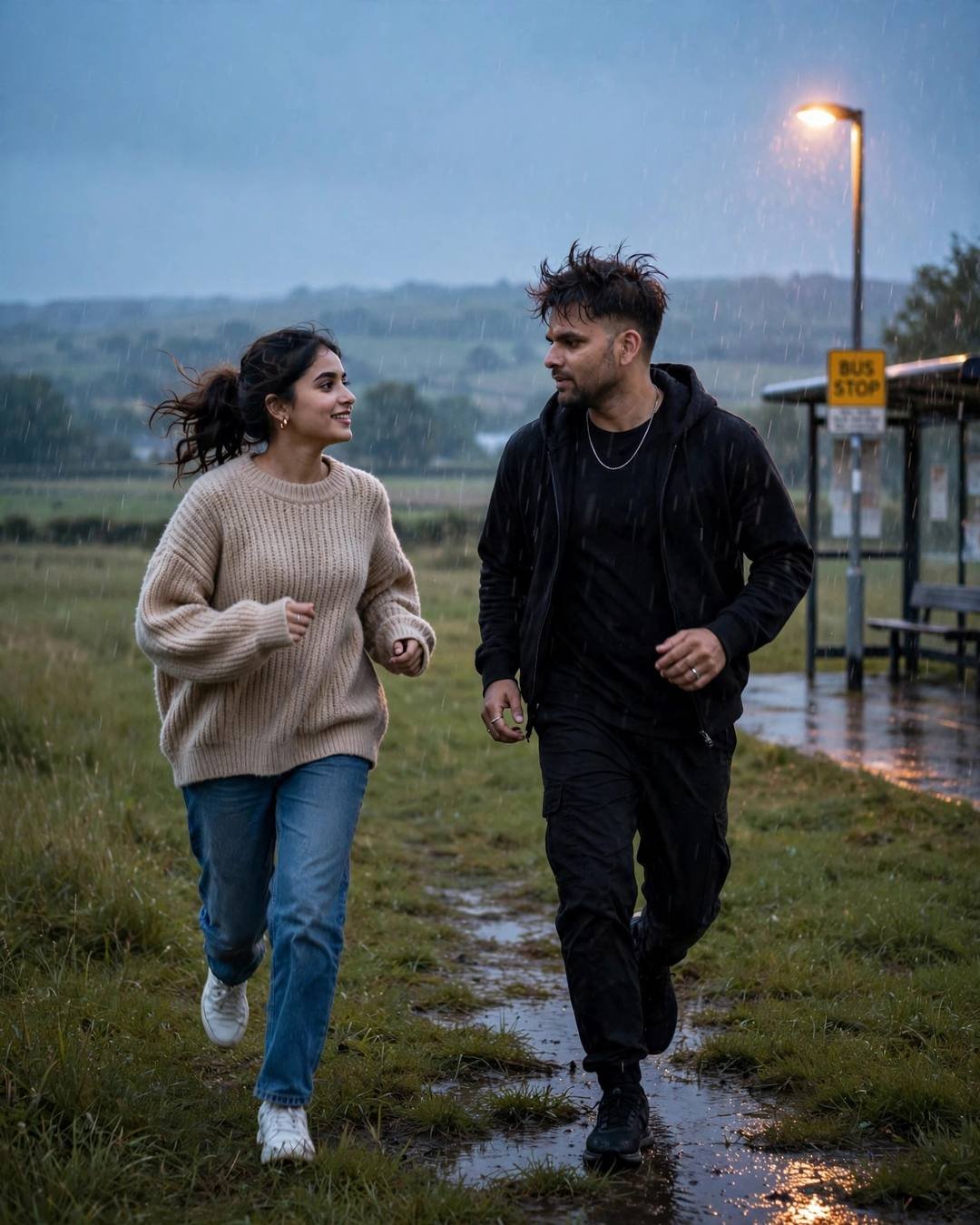 Couple running toward each other laughing through rain near a bus stop at dusk