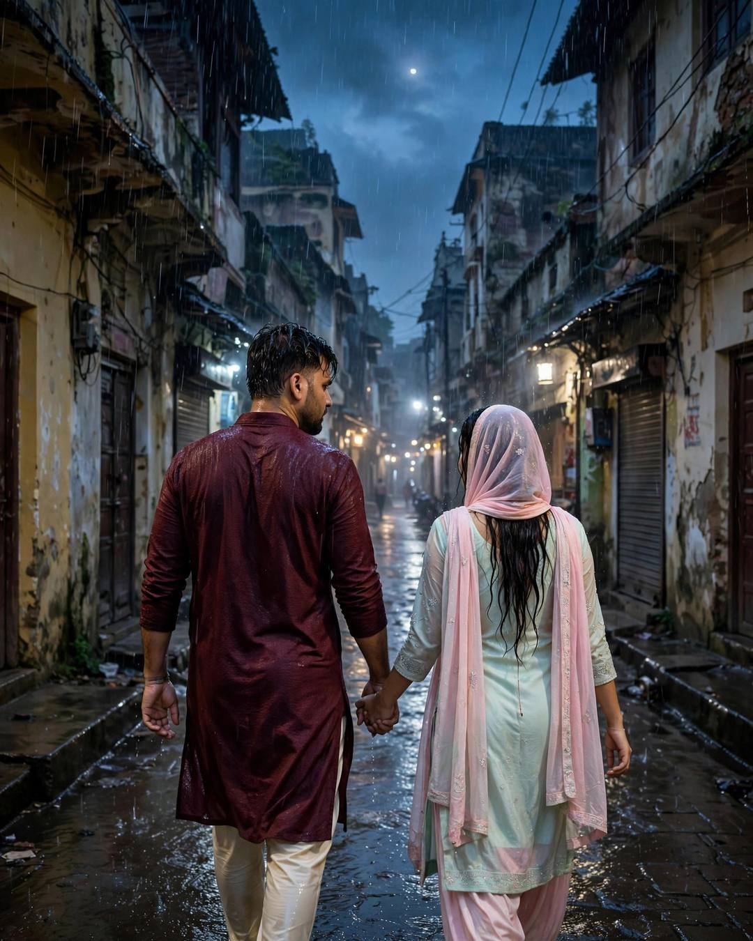 Couple holding hands walking away down a rain-soaked old-city lane at blue hour