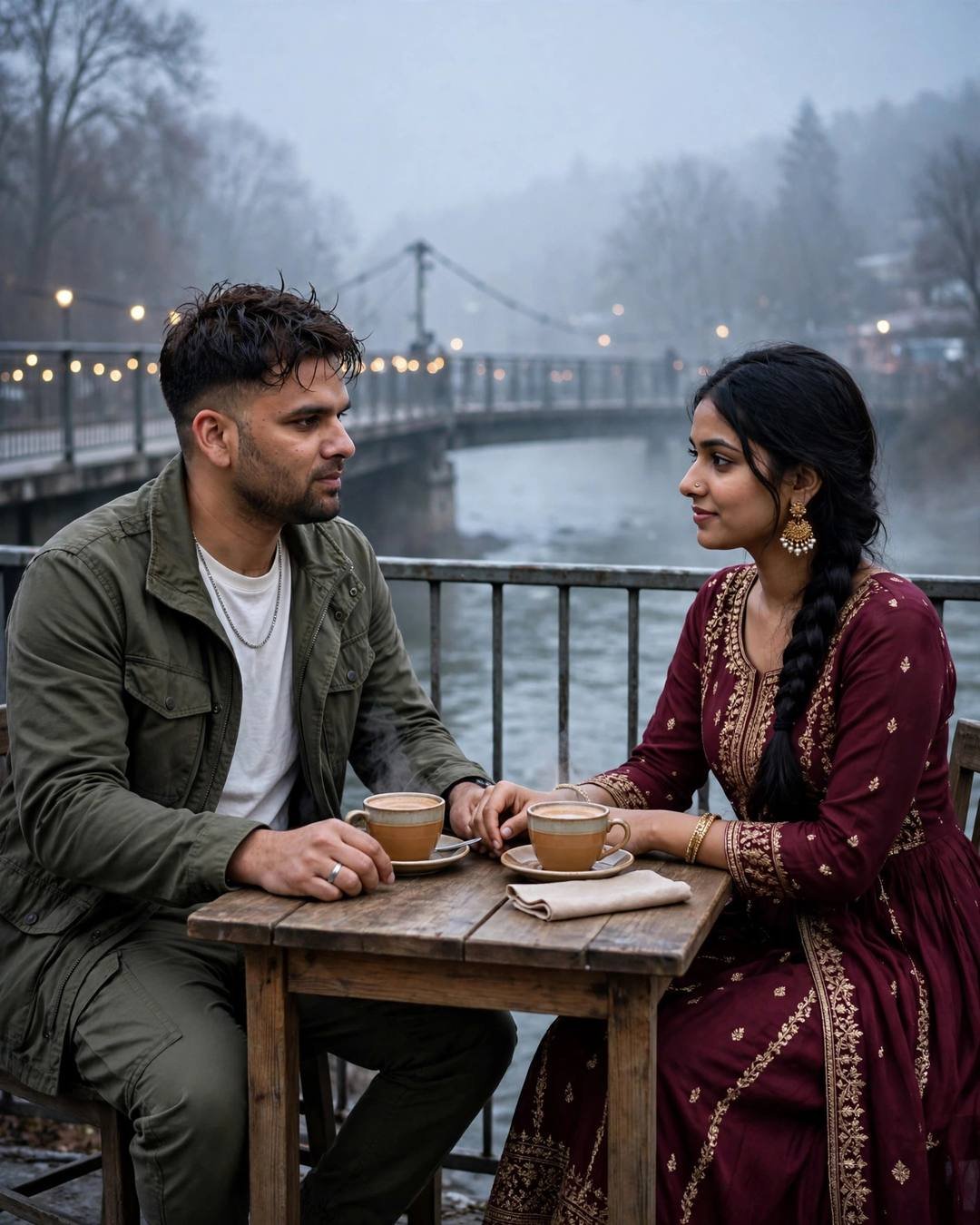 Couple sharing chai at a small table on a misty bridge over a river at night