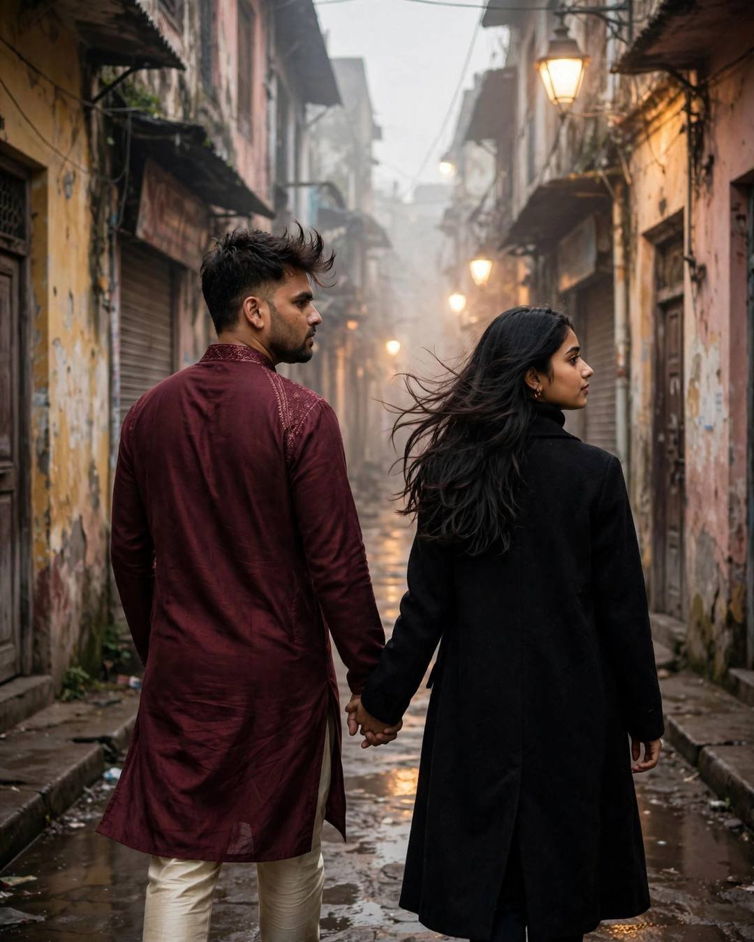 Couple holding hands walking down an old-city lane at dawn, both looking back