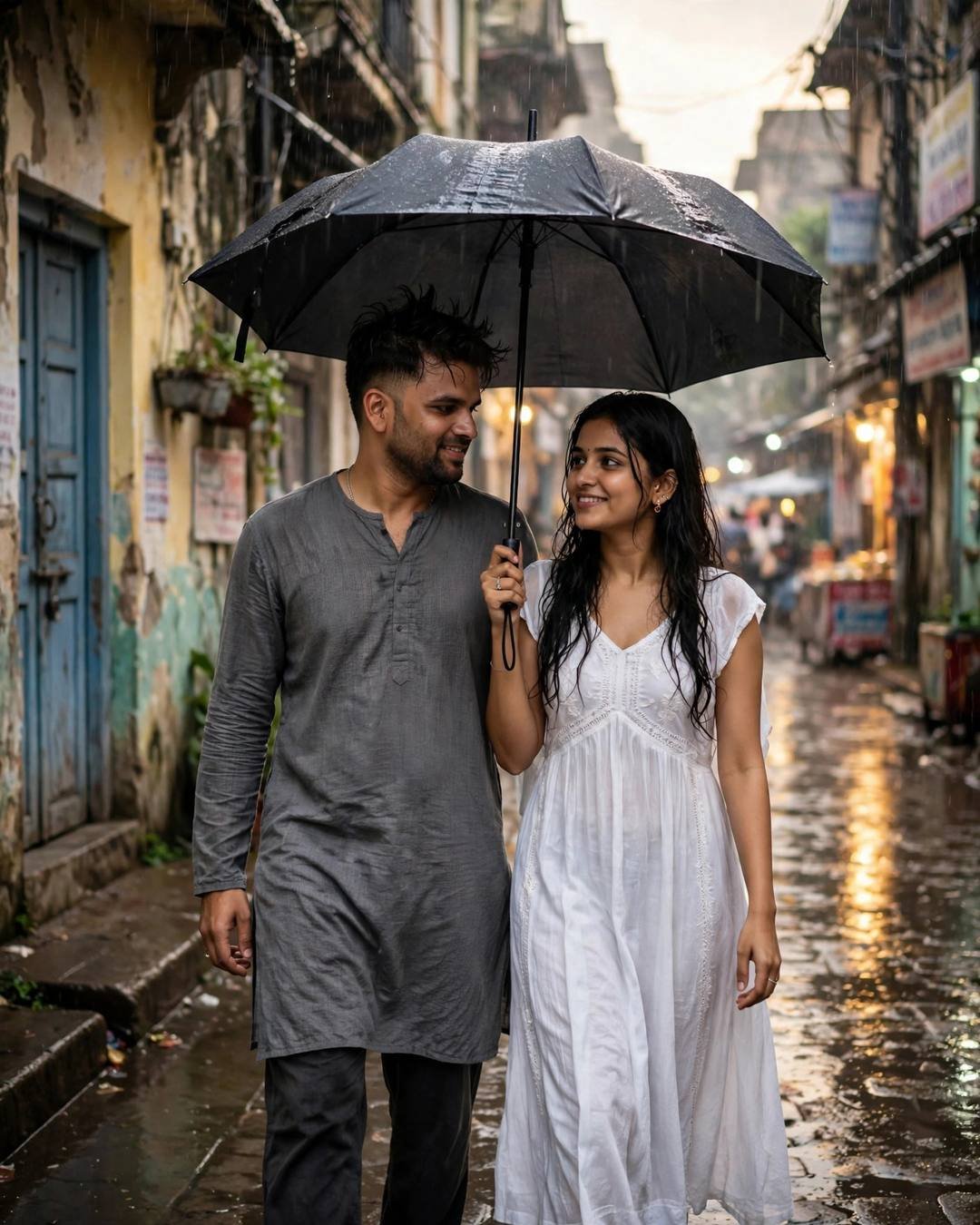 Smiling couple sharing one black umbrella on a rainy old-city lane
